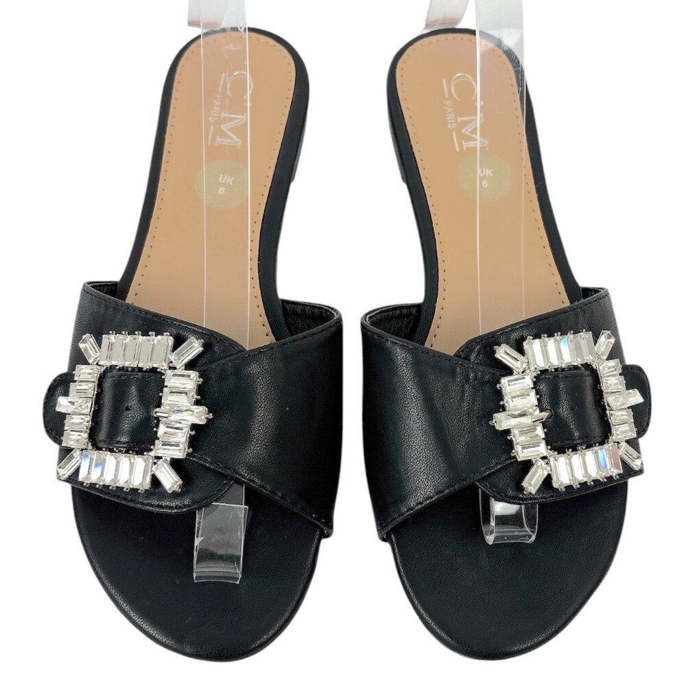 C'M Paris Black Sandals Women's Size 8.5 UK39 Jeweled Buckle Slip-On Flats NWT